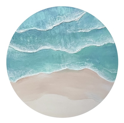 Round canvas depicting the shoreline. 
Both light and dark blues with waves crashing along the shore. 
Soft sands and dreamy elements. 
A truly coastal beauty 