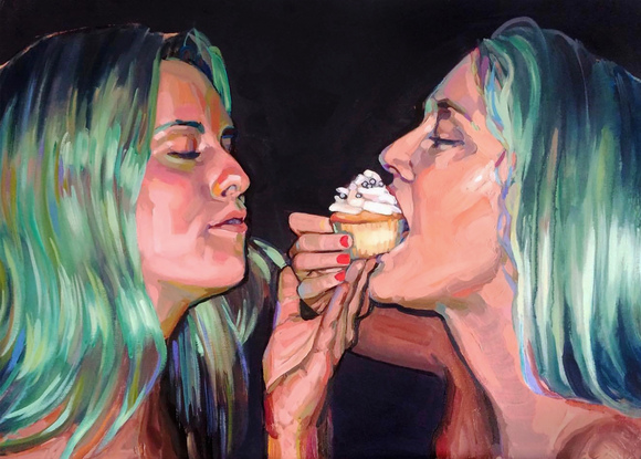 Two women with turquoise hair against a black background sharing a cupcake.