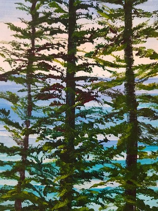 Norfolk Island pines turquoise waves sunset sky beach