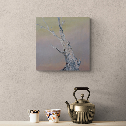 River red gum in shades of grey and softest pink on a pastel gradated background of lemon and mauve