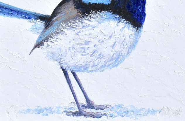 Thickly textured oil painting of a singing Superb Fairy Wren standing on a white background.