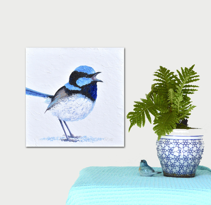 Thickly textured oil painting of a singing Superb Fairy Wren standing on a white background.