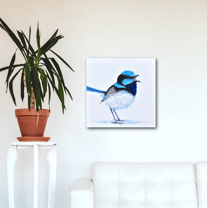 Thickly textured oil painting of a singing Superb Fairy Wren standing on a white background.