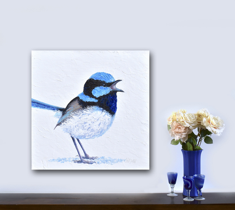 Thickly textured oil painting of a singing Superb Fairy Wren standing on a white background.