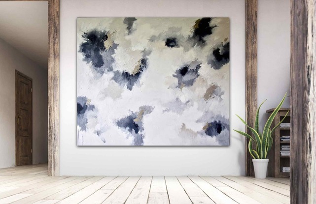 Extra large painting on canvas in a monochromatic palette of charcoal, off white, grey and hints of  metallic  silver and pewter