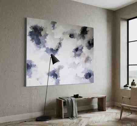 Extra large painting on canvas in a monochromatic palette of charcoal, off white, grey and hints of  metallic  silver and pewter