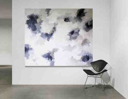 Extra large painting on canvas in a monochromatic palette of charcoal, off white, grey and hints of  metallic  silver and pewter