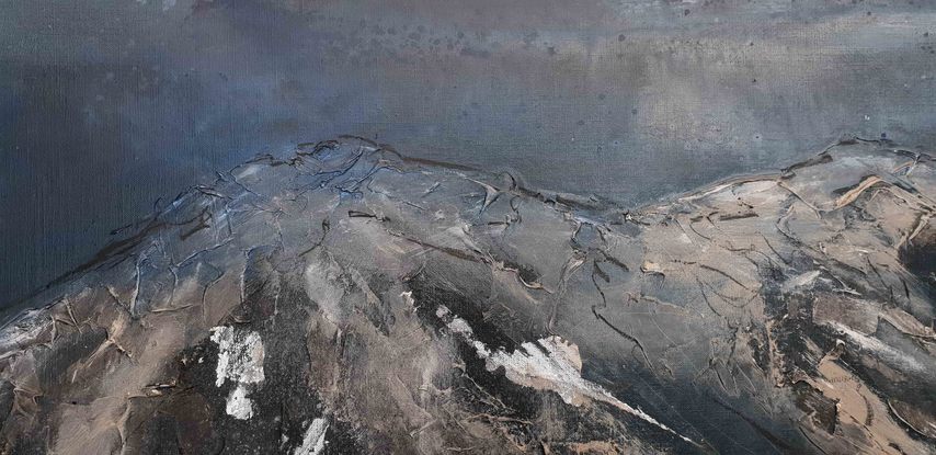 A large abstract landscape painting showing a mountain landscape in shades of navy inky blue, beige, gold,cream and white. Inspired by the the SNowy Mountains