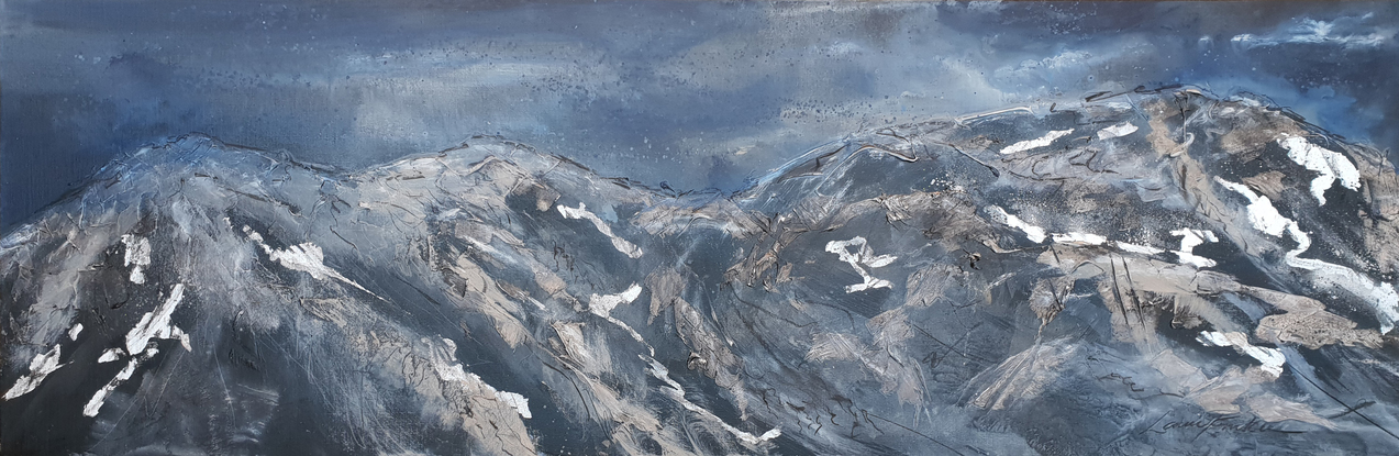 A large abstract landscape painting showing a mountain landscape in shades of navy inky blue, beige, gold,cream and white. Inspired by the the SNowy Mountains