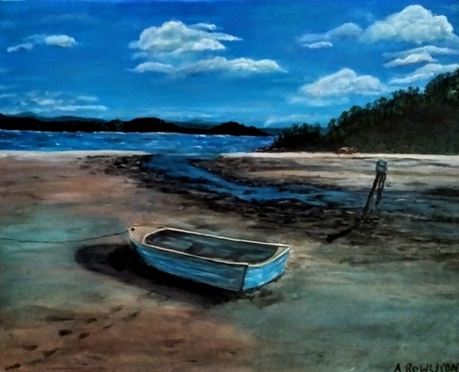 Mullabula beach on a sunny day at low tide. Small blu dinghy on the sand in the foreground with sea and headlands in the distance