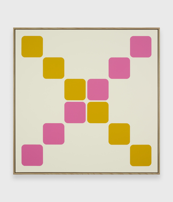 Pink and yellow rounded squares in an X format.