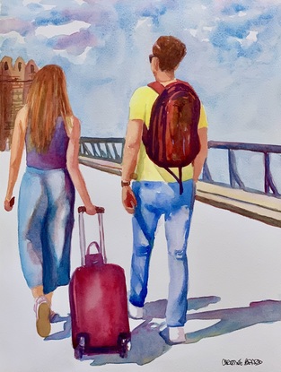 Couple walking with suitcase.