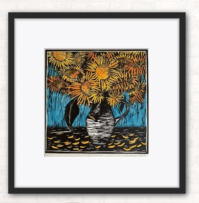 Black and white linoprint in a square format. It is handcoloured in sky blue and variations of yellow watercolour.