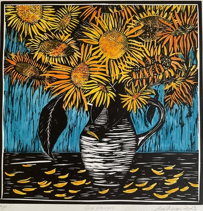 Black and white linoprint in a square format. It is handcoloured in sky blue and variations of yellow watercolour.