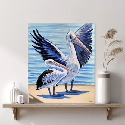 "Perfect morning for adventure" – Australian Pelicans at the beach, Australian beach  painting by Irina Redine. Framed and ready to hang original artwork.