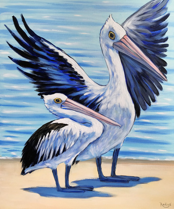 "Perfect morning for adventure" – Australian Pelicans at the beach, Australian beach  painting by Irina Redine. Framed and ready to hang original artwork.