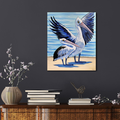 "Perfect morning for adventure" – Australian Pelicans at the beach, Australian beach  painting by Irina Redine. Framed and ready to hang original artwork.