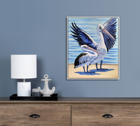 "Perfect morning for adventure" – Australian Pelicans at the beach, Australian beach  painting by Irina Redine. Framed and ready to hang original artwork.