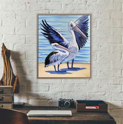 "Perfect morning for adventure" – Australian Pelicans at the beach, Australian beach  painting by Irina Redine. Framed and ready to hang original artwork.