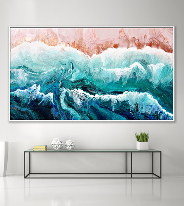 ABSTRACT painting that gives the impression of soothing ocean waves lapping in to soft sandy beach with slow easy waves creating crests of whie..  The intricate mosaic pattern within the tonal blue hues and tones of teal and the glimmering metallics adds added interest and intrigue.
The closer you get to the painting the more of the interesting details and patterns you can see. Metallics add an extra depth because the painting changes personality when one views from different angles.
although it is an impressionistic abstract, it still has a sense of motion of waves moving and frothing white