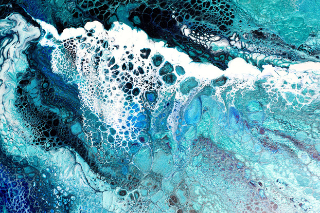 ABSTRACT painting that gives the impression of soothing ocean waves lapping in to soft sandy beach with slow easy waves creating crests of whie..  The intricate mosaic pattern within the tonal blue hues and tones of teal and the glimmering metallics adds added interest and intrigue.
The closer you get to the painting the more of the interesting details and patterns you can see. Metallics add an extra depth because the painting changes personality when one views from different angles.
although it is an impressionistic abstract, it still has a sense of motion of waves moving and frothing white