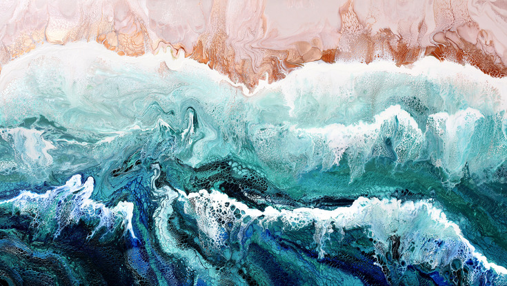 ABSTRACT painting that gives the impression of soothing ocean waves lapping in to soft sandy beach with slow easy waves creating crests of whie..  The intricate mosaic pattern within the tonal blue hues and tones of teal and the glimmering metallics adds added interest and intrigue.
The closer you get to the painting the more of the interesting details and patterns you can see. Metallics add an extra depth because the painting changes personality when one views from different angles.
although it is an impressionistic abstract, it still has a sense of motion of waves moving and frothing white