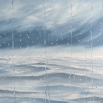 Stormy waves & clouds with raindrops running down a window