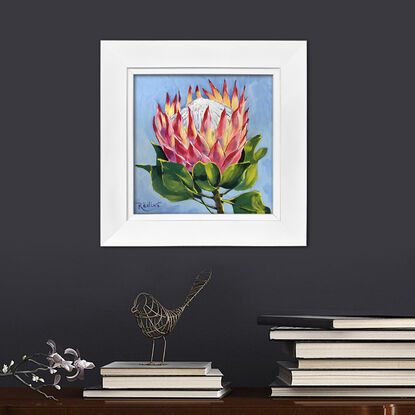 King Protea flower original painting by Irina Redine.  Pink Protea flower small artwork framed and ready to hang, gift idea