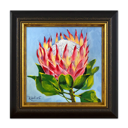 King Protea flower original painting by Irina Redine.  Pink Protea flower small artwork framed and ready to hang, gift idea