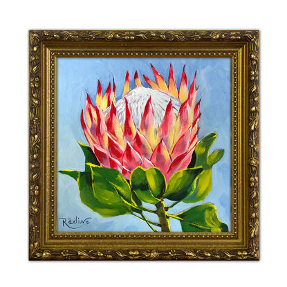 King Protea flower original painting by Irina Redine.  Pink Protea flower small artwork framed and ready to hang, gift idea