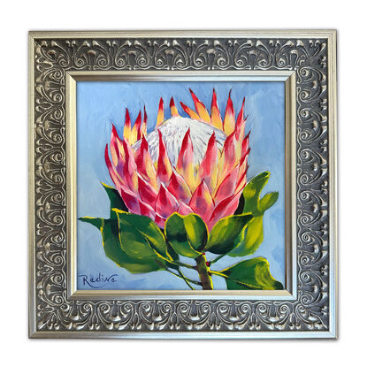 King Protea flower original painting by Irina Redine.  Pink Protea flower small artwork framed and ready to hang, gift idea