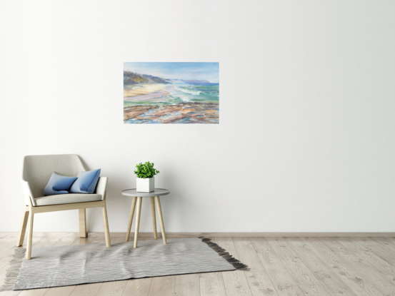 Watercolour painting of rocks with water, sandy shore and rugged surf at Dolphin Point