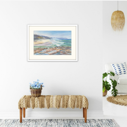 Watercolour painting of rocks with water, sandy shore and rugged surf at Dolphin Point