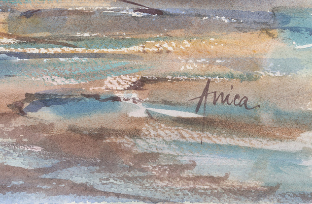 Watercolour painting of rocks with water, sandy shore and rugged surf at Dolphin Point