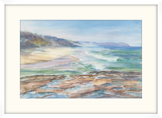 Watercolour painting of rocks with water, sandy shore and rugged surf at Dolphin Point