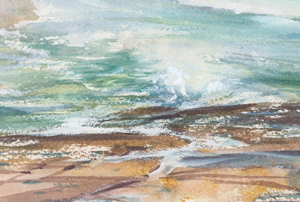 Watercolour painting of rocks with water, sandy shore and rugged surf at Dolphin Point