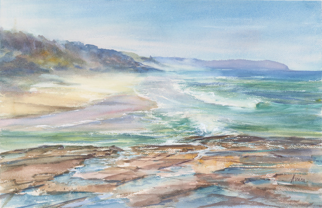 Watercolour painting of rocks with water, sandy shore and rugged surf at Dolphin Point