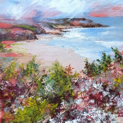 Mini oil painting of heathland above a distant seascape, in muted olive, silver tones and crimson reds. Framed in silver. 