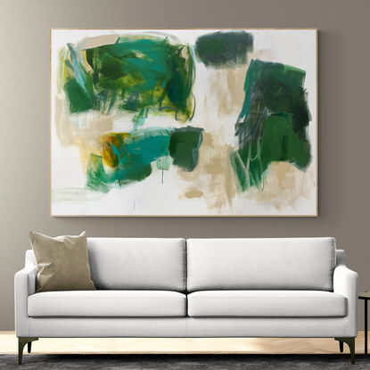 bold marks in warm earthy beige, green and apricot across the canvas suggestive of landscape of valleys and open spaces made from large expressive painterly marks