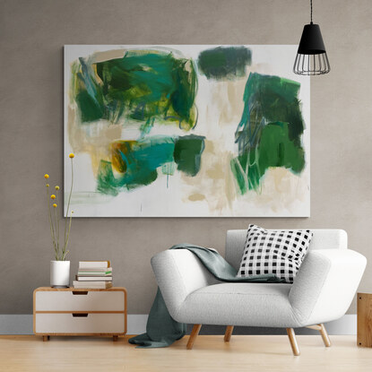 bold marks in warm earthy beige, green and apricot across the canvas suggestive of landscape of valleys and open spaces made from large expressive painterly marks