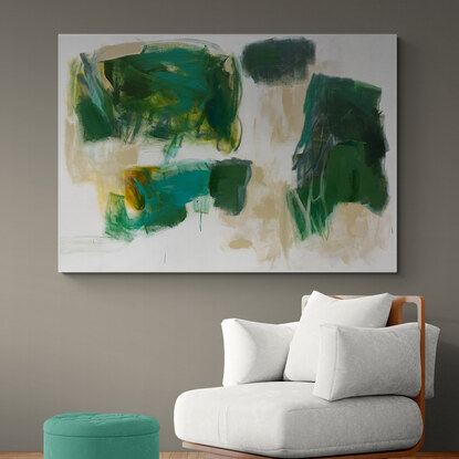 bold marks in warm earthy beige, green and apricot across the canvas suggestive of landscape of valleys and open spaces made from large expressive painterly marks