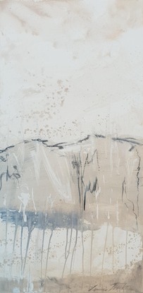 A large abstract landscape painting showing a mountain landscape in shades of navy inky blue, beige, ,cream and white. Inspired by a billabong