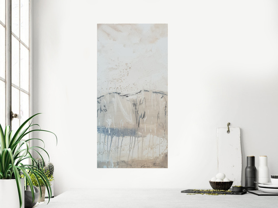 A large abstract landscape painting showing a mountain landscape in shades of navy inky blue, beige, ,cream and white. Inspired by a billabong