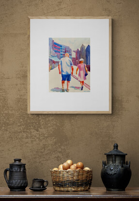 A couple walking in the Walsh Bay Wharves Precinct.