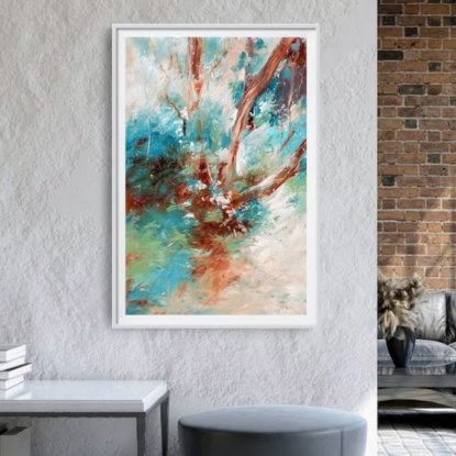 Minimalist, expressive gum tree painting by Australian artist Victoria Collins in teal blue, brown and ochre with warm neutral. 