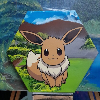 The Eevee Evolution set of all the Eevee characters overlaid onto a 9 set hexagon series with a mountain landscape background.