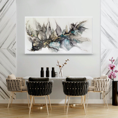 Free-flowing abstract inks painting in grey, gold and teal
Large framed contemporary painting
Statement artwork