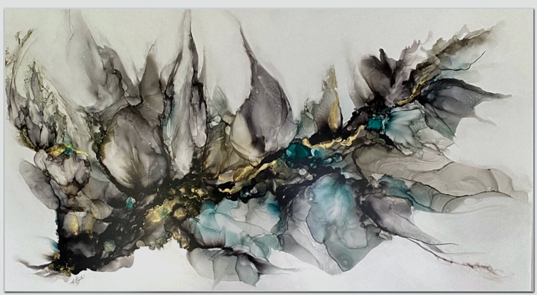 Free-flowing abstract inks painting in grey, gold and teal
Large framed contemporary painting
Statement artwork