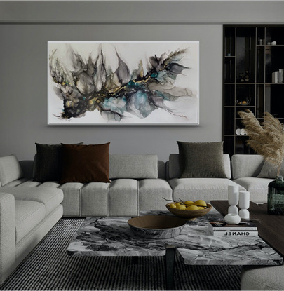 Free-flowing abstract inks painting in grey, gold and teal
Large framed contemporary painting
Statement artwork