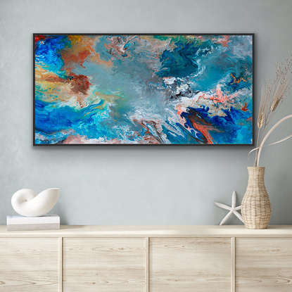 Abstract fluid art painting with  organic forms reminiscent of the sea or underwater. Colourful with many layers of colour and floating forms fusing together. Flowing paint like the ocean from above. Calming and peaceful. Framed Art